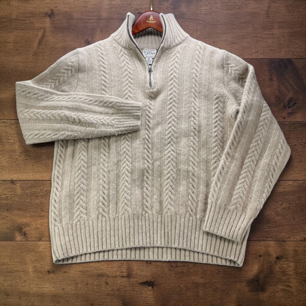 J.Crew Rugged Merino Wool Cable Knit Quarter Zip Sweater Mens M Oatmeal Beige